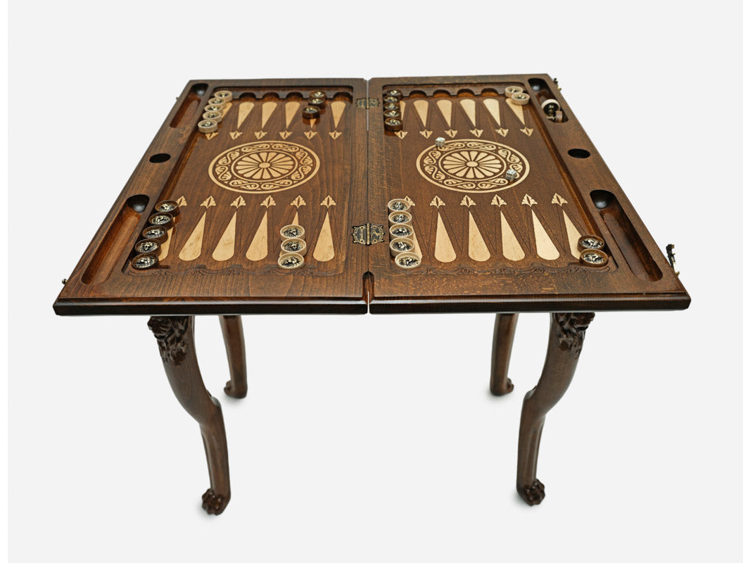 Handle Lion chess-backgammon table set up for chess, straight front view