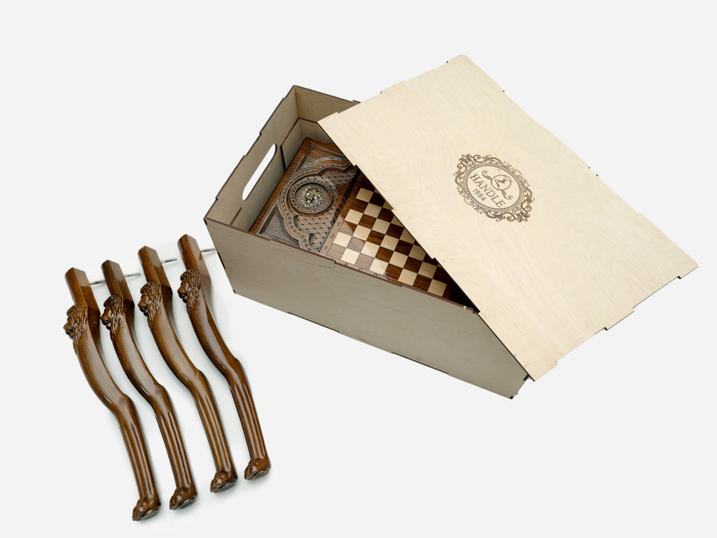 Handle Lion chess-backgammon table disassembled in its shipping crate