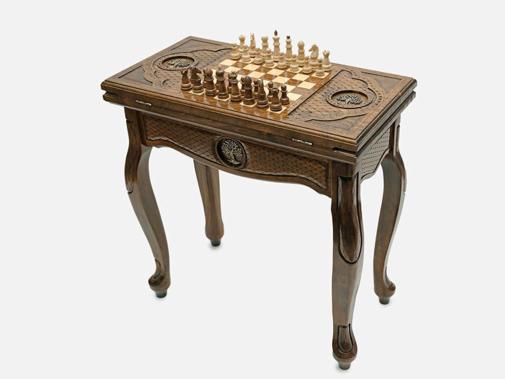 Handle Tree of Life chess and backgammon table set up for chess, angled view