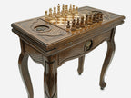 Handle Tree of Life chess-backgammon table with chess pieces set up, front view