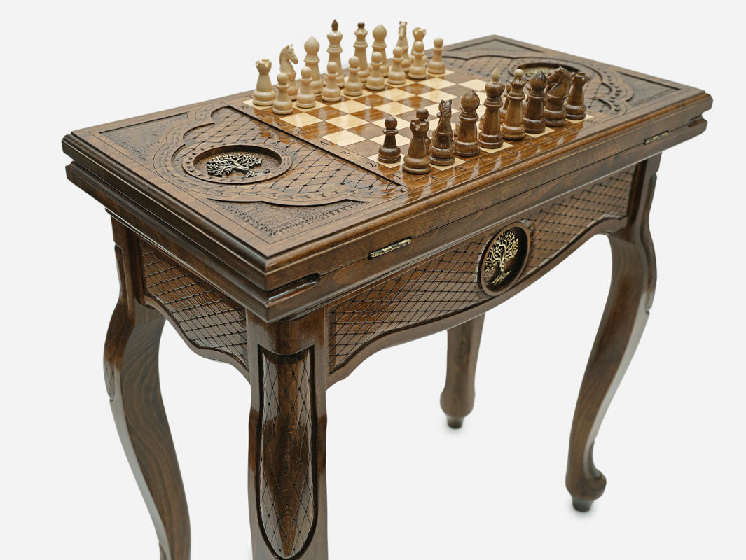 Handle Tree of Life chess-backgammon table with chess pieces set up, front view