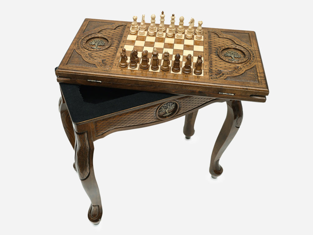 Handle Tree of Life chess-backgammon table closed, front view showing the drawer and legs