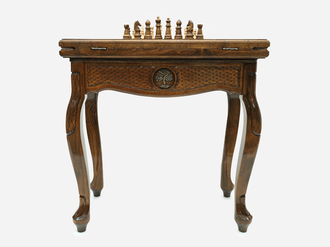 Handle Tree of Life table opened flat for backgammon with checkers set up, top-down view