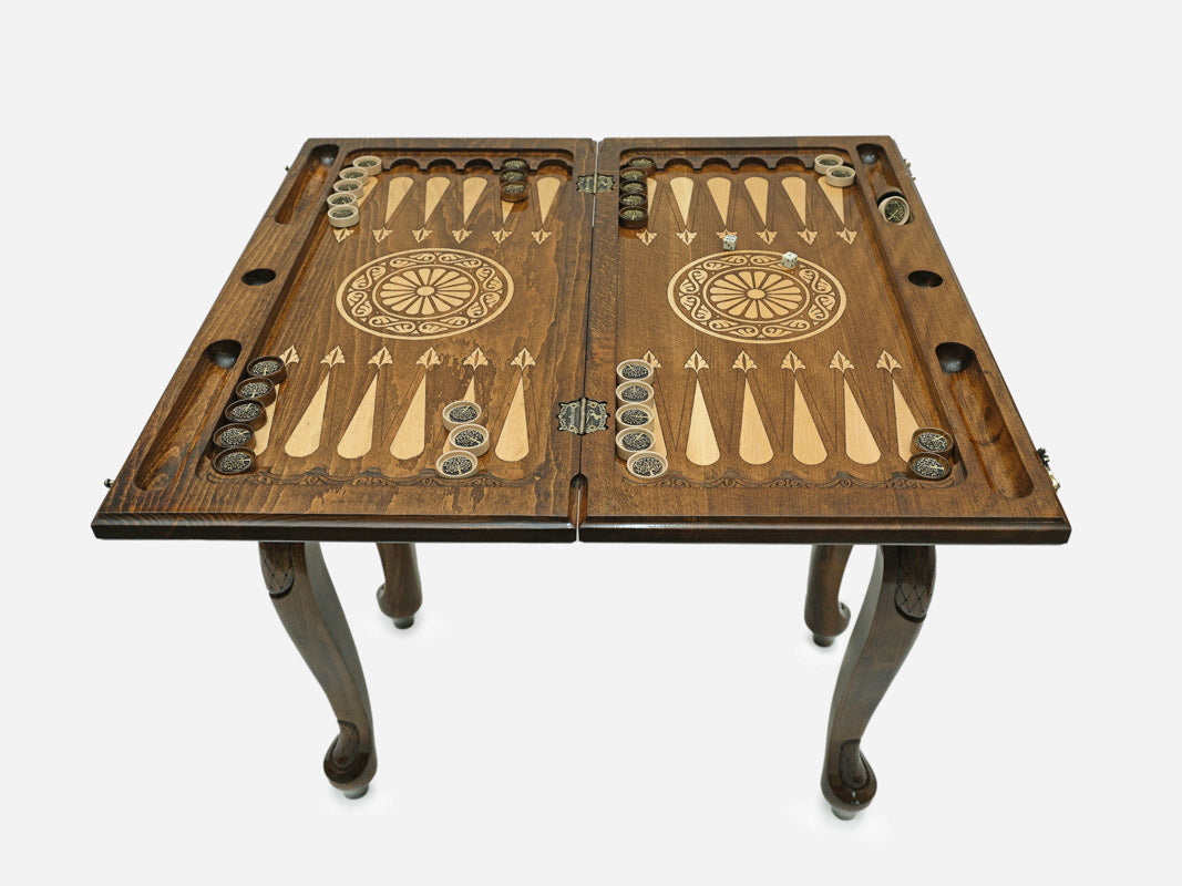 Handle Tree of Life chess-backgammon table set up for chess, straight front view