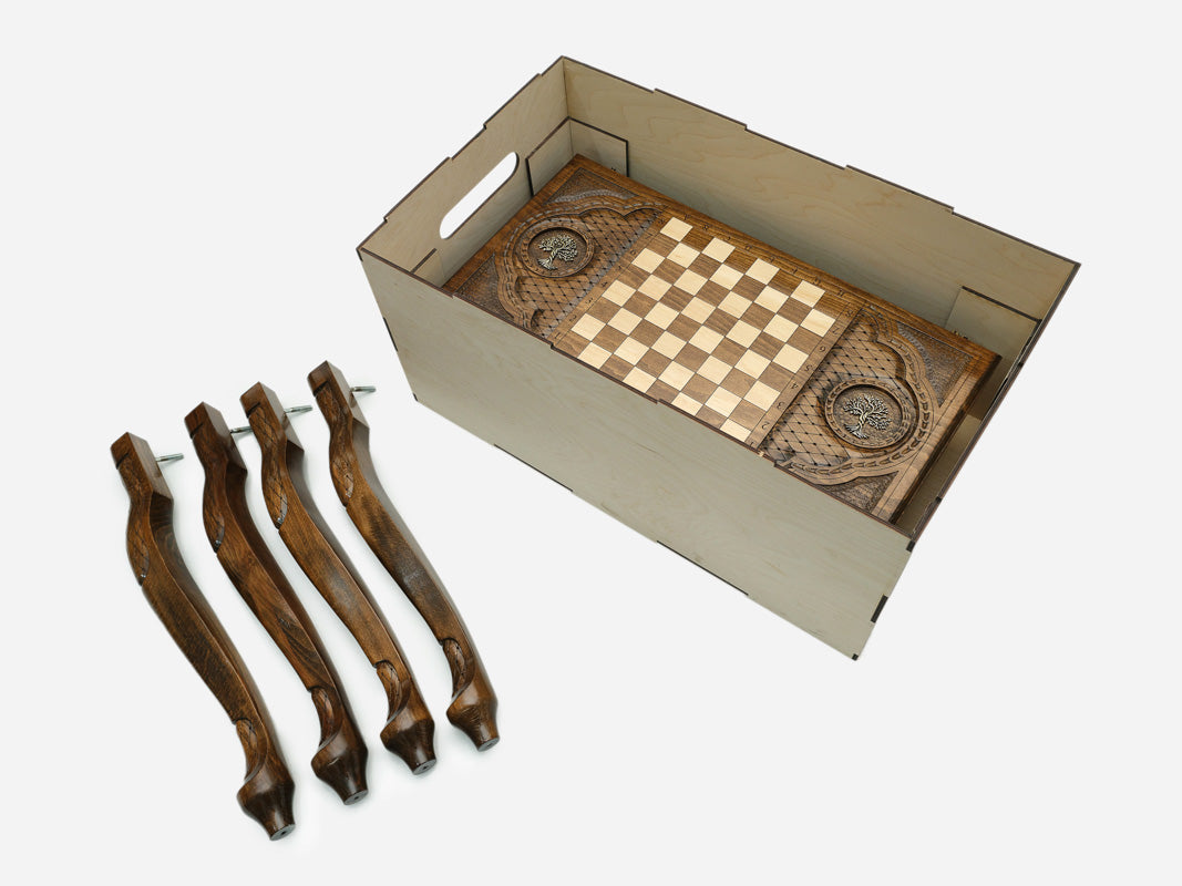 Handle Tree of Life chess-backgammon table disassembled in its shipping crate