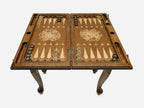 Handle Armenian Coat of Arms chess-backgammon table set up for chess, straight front view