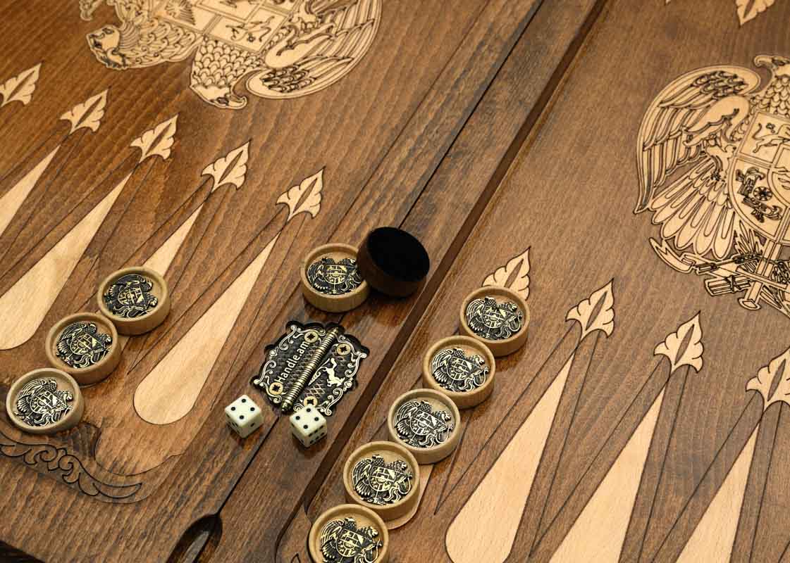 Close-up of the Armenian coat of arms backgammon board detail on the Handle table