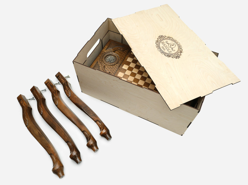 Handle Armenian Coat of Arms table opening to reveal the backgammon storage compartment