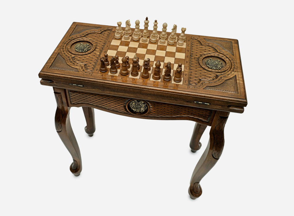 Handle Armenian Coat of Arms chess and backgammon table set up for chess, angled view