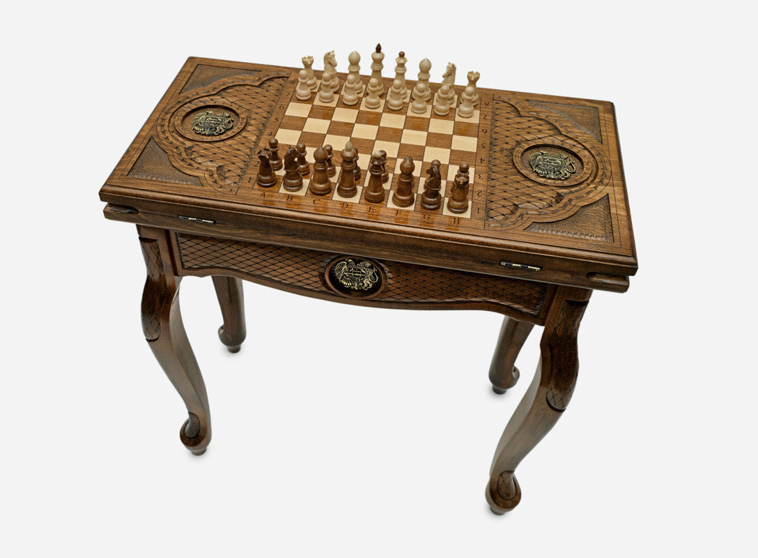 Handle Armenian Coat of Arms chess and backgammon table set up for chess, angled view