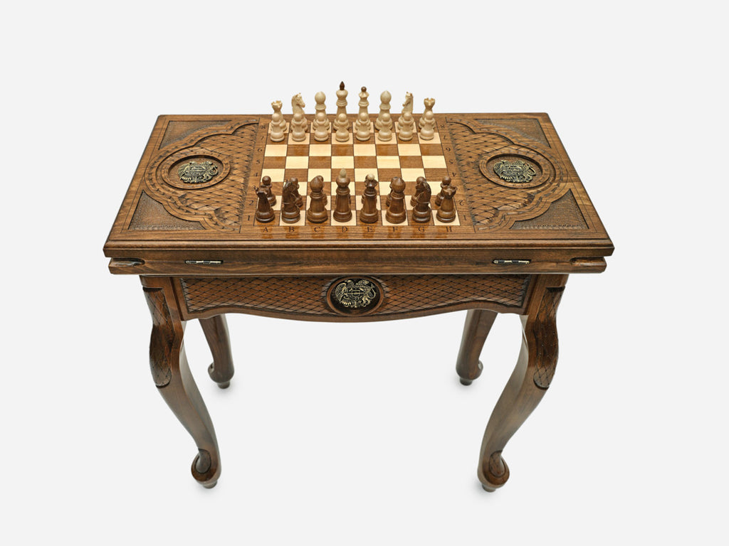 Close-up of the Handle Armenian Coat of Arms table leg and drawer carving