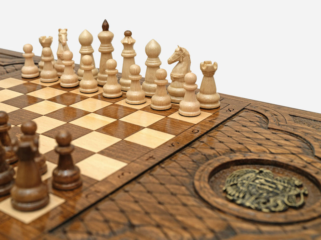 Handle Armenian Coat of Arms chess-backgammon table closed, front view showing the drawer and legs