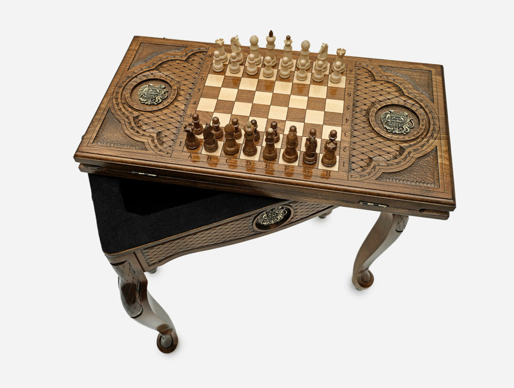 Handle Armenian Coat of Arms table opened flat for backgammon with checkers set up, top-down view