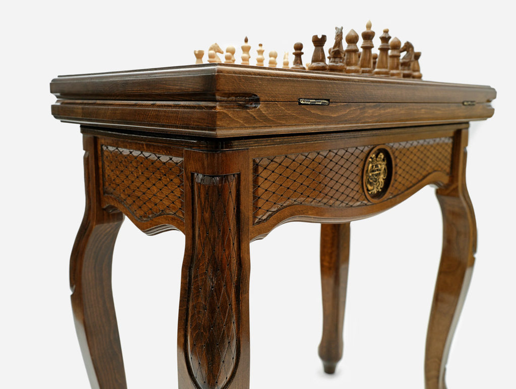 Handle Armenian Coat of Arms chess-backgammon table with chess pieces set up, front view