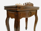 Handle Armenian Coat of Arms chess-backgammon table with chess pieces set up, front view