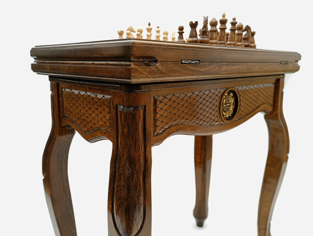 Handle Armenian Coat of Arms chess-backgammon table with chess pieces set up, front view