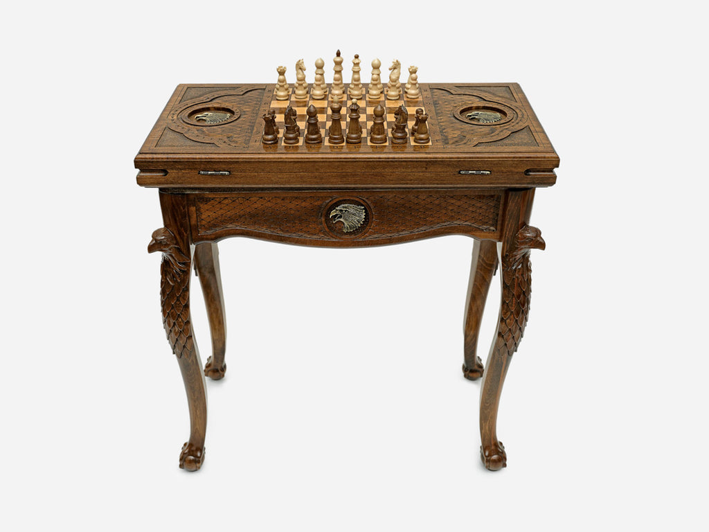 Handle Eagle chess-backgammon table set up for chess, straight front view