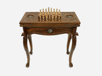 Handle Eagle chess-backgammon table set up for chess, straight front view