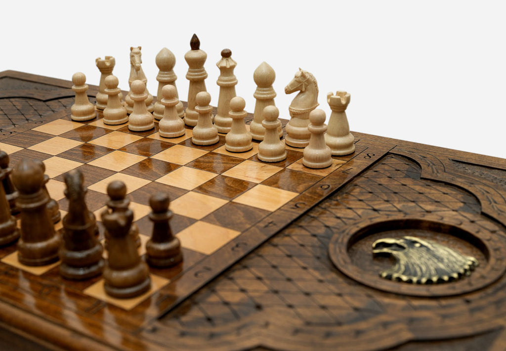 Close-up of the Eagle backgammon board detail on the Handle table
