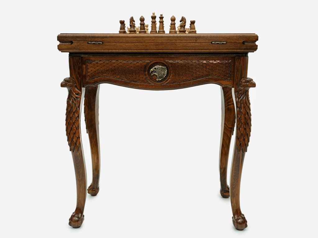 Handle Eagle chess-backgammon table with chess pieces set up, front view