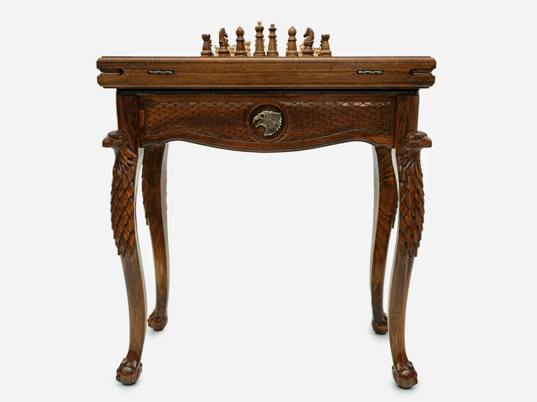 Handle Eagle chess-backgammon table with chess pieces set up, front view