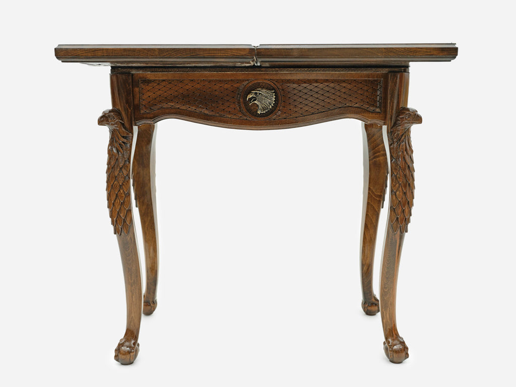 Handle Eagle chess-backgammon table closed, front view showing the drawer and eagle legs