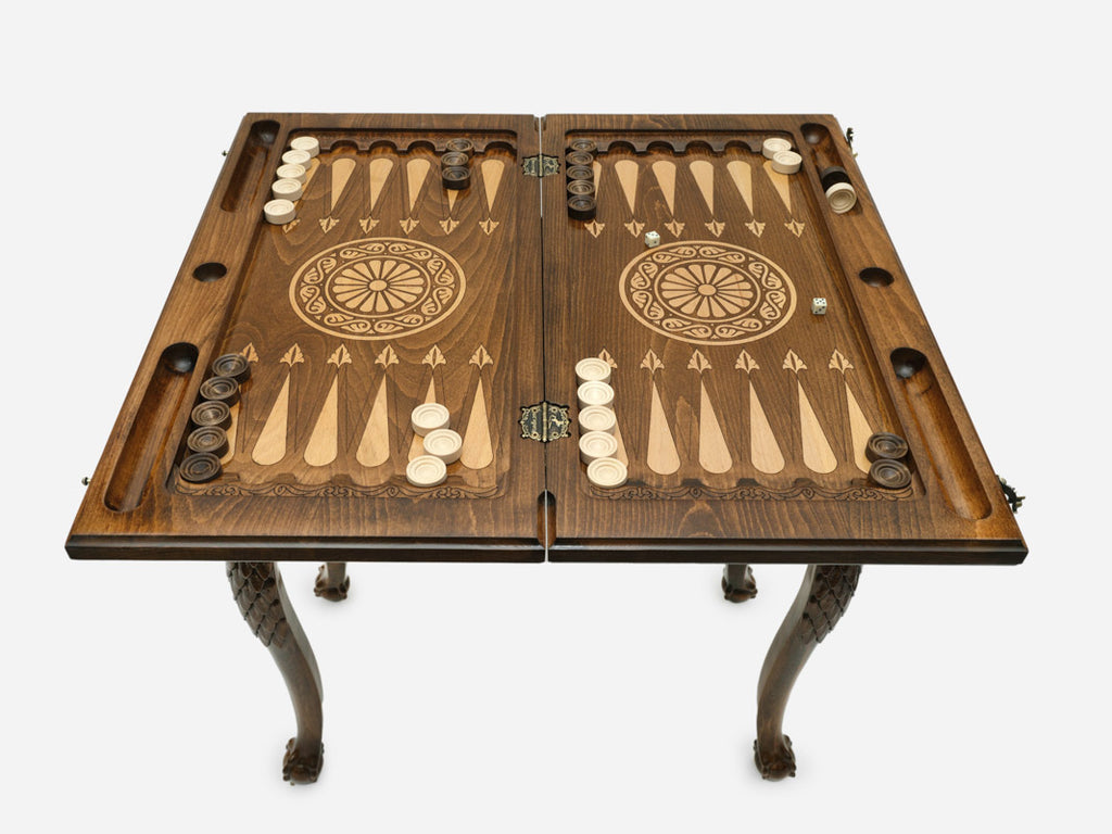 Handle Eagle table opened flat for backgammon with checkers set up, top-down view