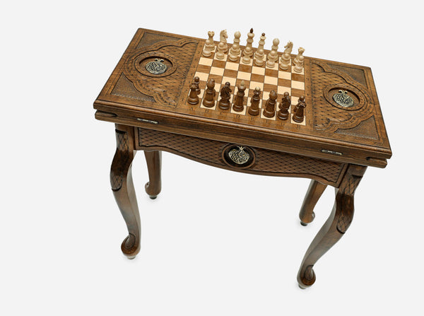 Handle Pomegranate chess and backgammon table set up for chess, angled view showing the cabriole legs