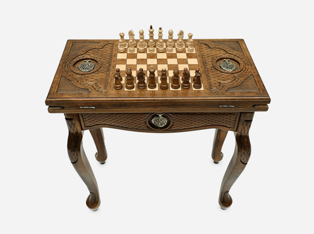 Handle Pomegranate chess-backgammon table set up for chess, straight front view