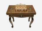 Handle Pomegranate chess-backgammon table set up for chess, straight front view