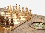 Close-up of the Pomegranate backgammon board detail on the Handle table