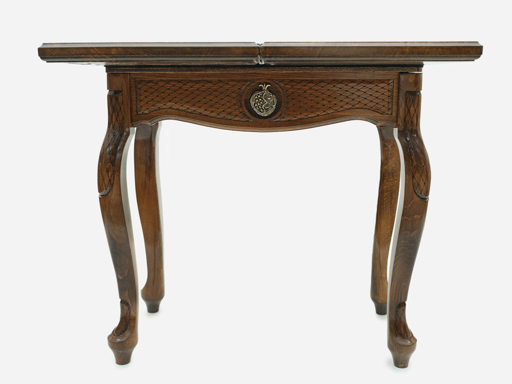 Handle Pomegranate chess-backgammon table closed, front view showing the drawer and legs
