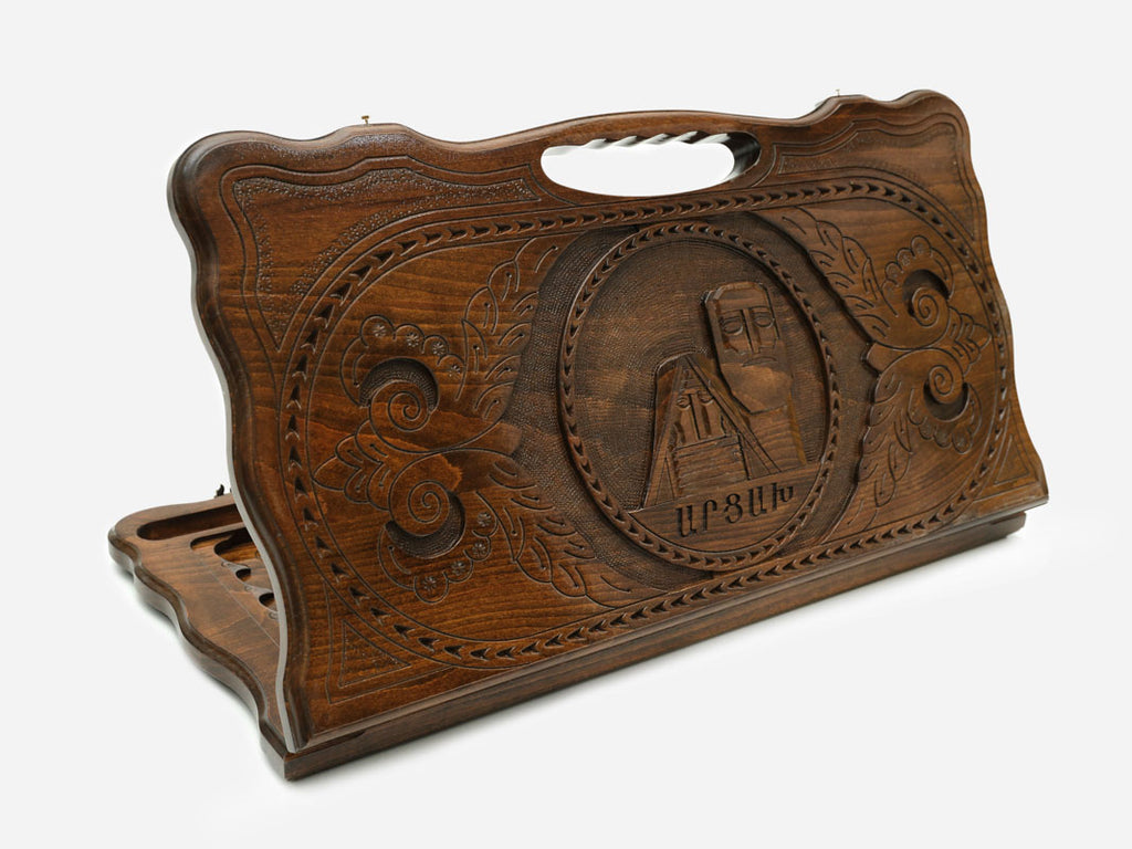 Carved beechwood backgammon board with the We Are Our Mountains monument of Artsakh, with a carry handle, propped open