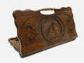 Carved beechwood backgammon board with the We Are Our Mountains monument of Artsakh, with a carry handle, propped open