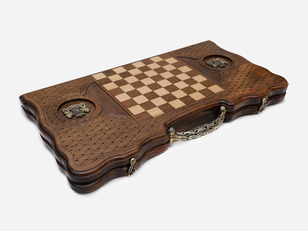 The backgammon board opened to show the wooden playing surface