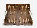 Angled view of the Georgian coat of arms bronze carved backgammon board