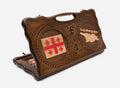 Carved beechwood backgammon board with the Georgian flag and map, with a carry handle, propped open