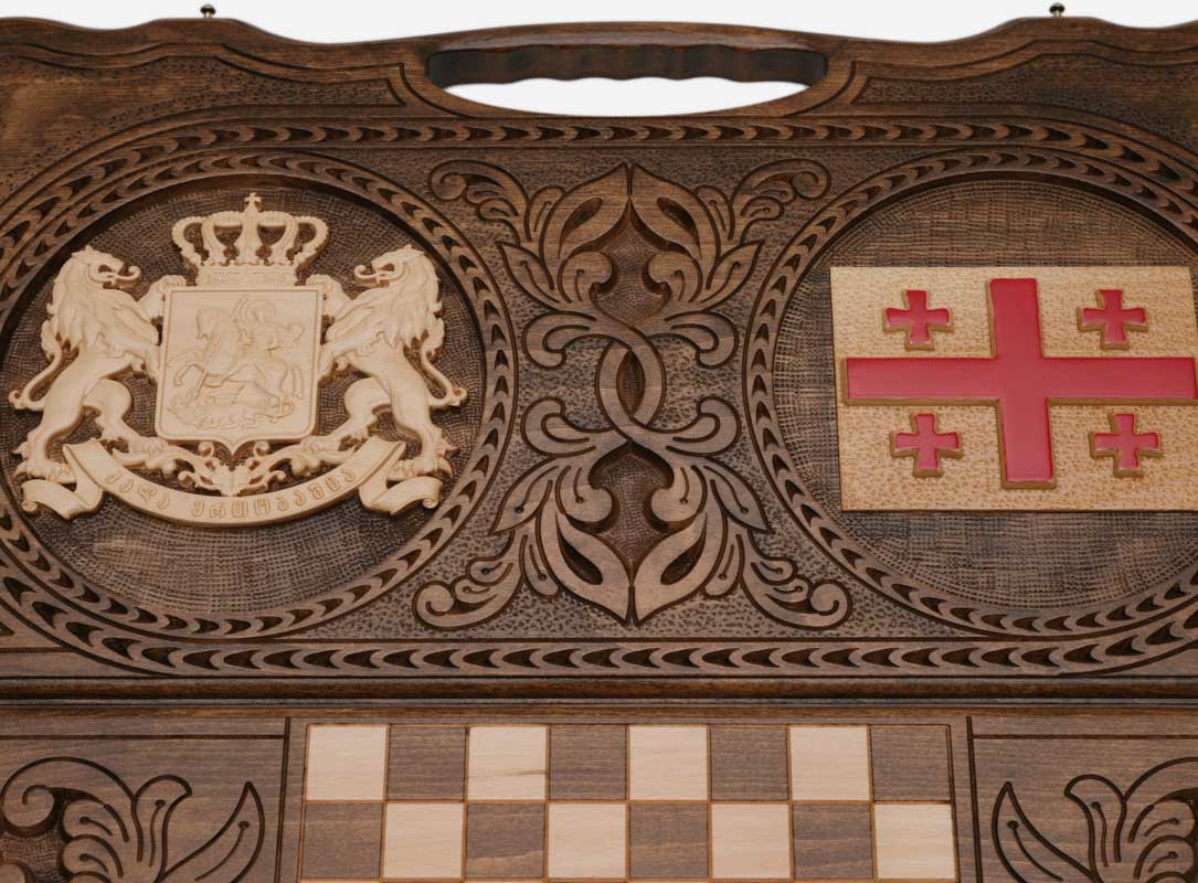 Close-up of the carved Georgian coat of arms with lions