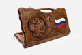 Carved beechwood backgammon board with the Russian coat of arms and tricolour flag, with a carry handle, propped open