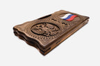 Close-up of the carved Russian tricolour flag