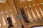 Angled view of the Russian eagle and flag carved backgammon board