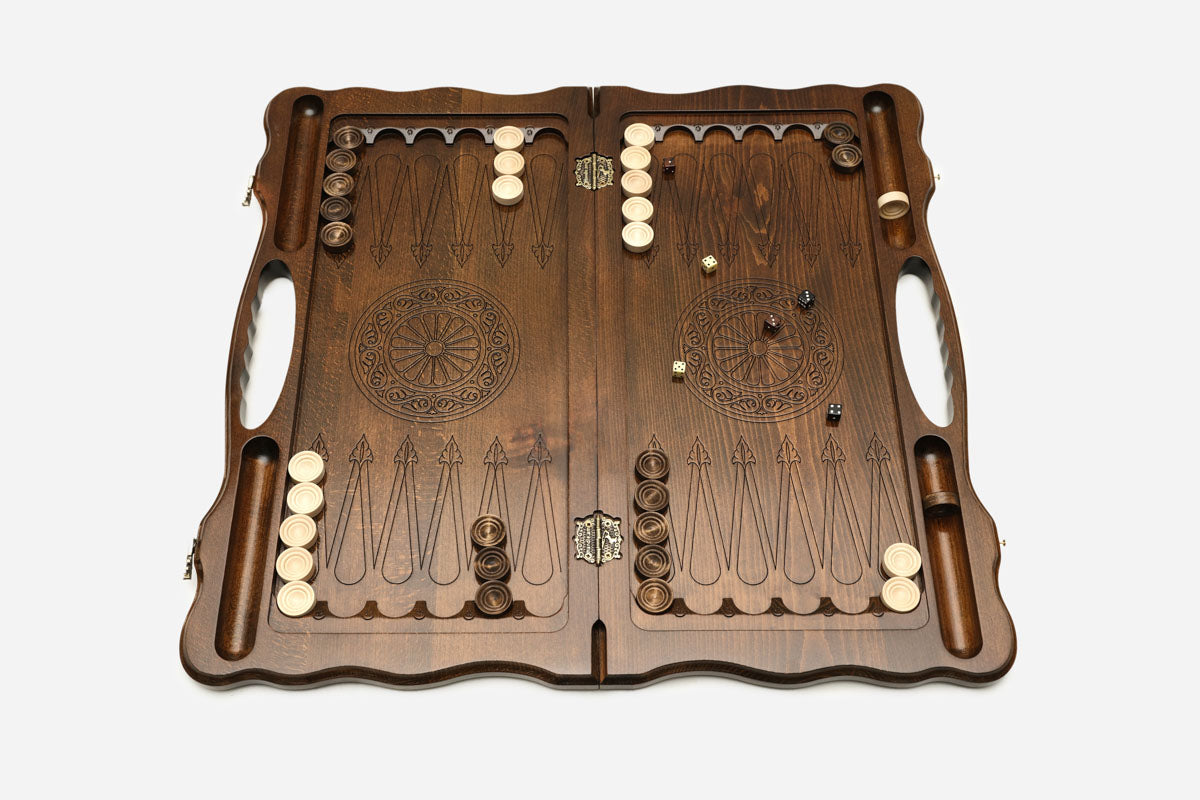 Armenian lion medallion backgammon board angled view