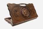 Armenian beechwood backgammon board carved with a lion medallion and floral scrollwork