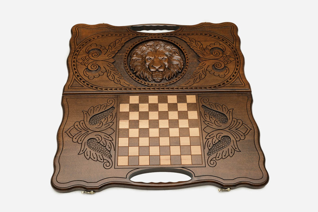Armenian lion backgammon board scrollwork detail
