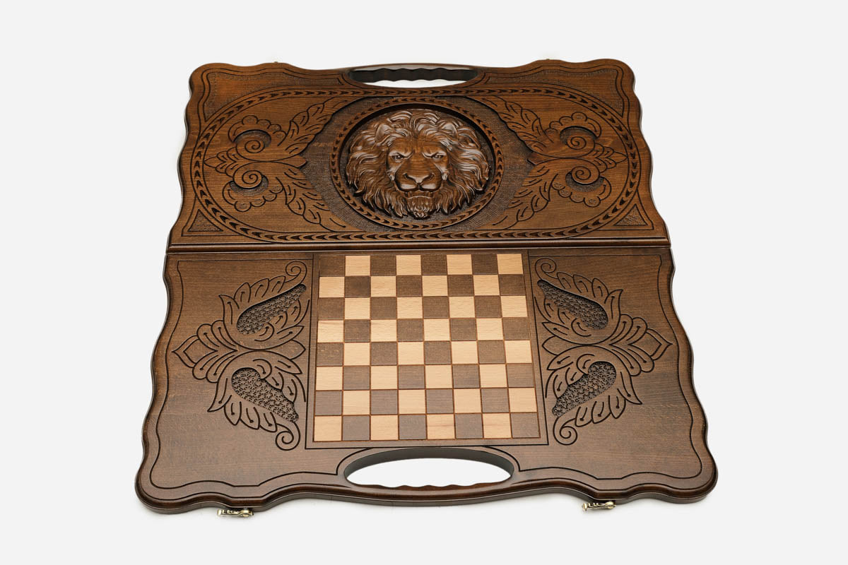 Armenian lion backgammon board scrollwork detail