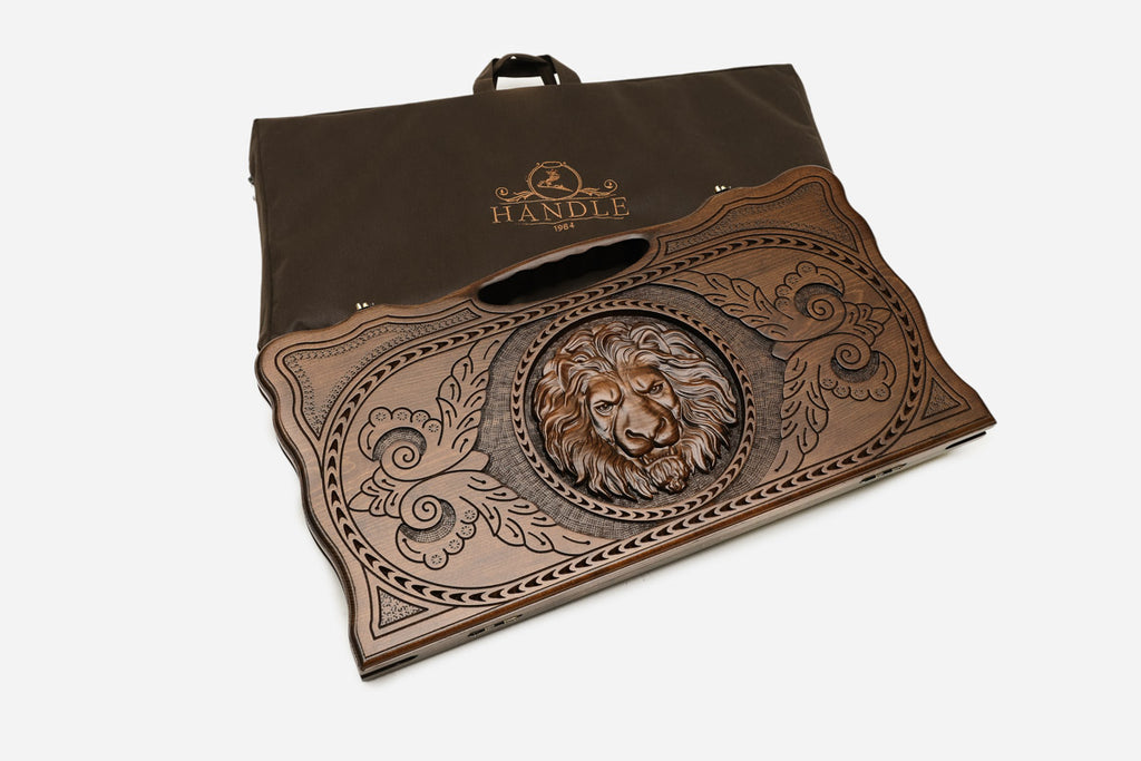 Armenian lion backgammon board carved lion close-up