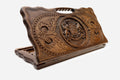 Carved beechwood backgammon board with the Georgian coat of arms in a medallion, propped open