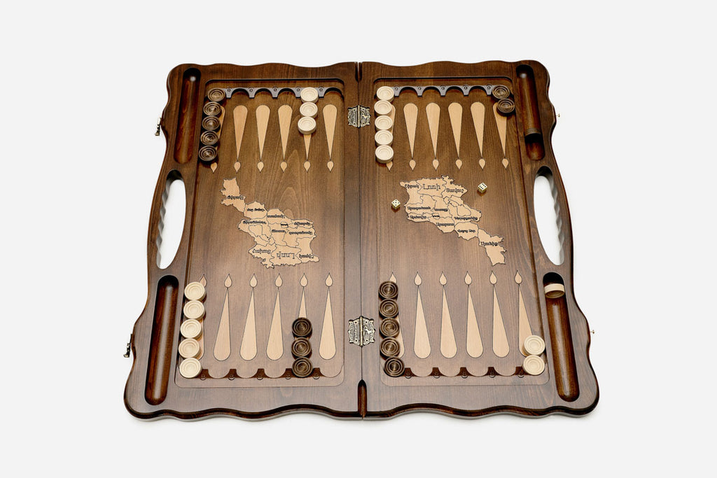 Angled view of the map of Armenia carved backgammon board