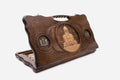 Carved beechwood backgammon board with the Sameba Cathedral of Tbilisi and bronze medallions, with a carry handle, propped open