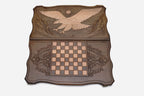 Eagle backgammon board shown folded with carry handle